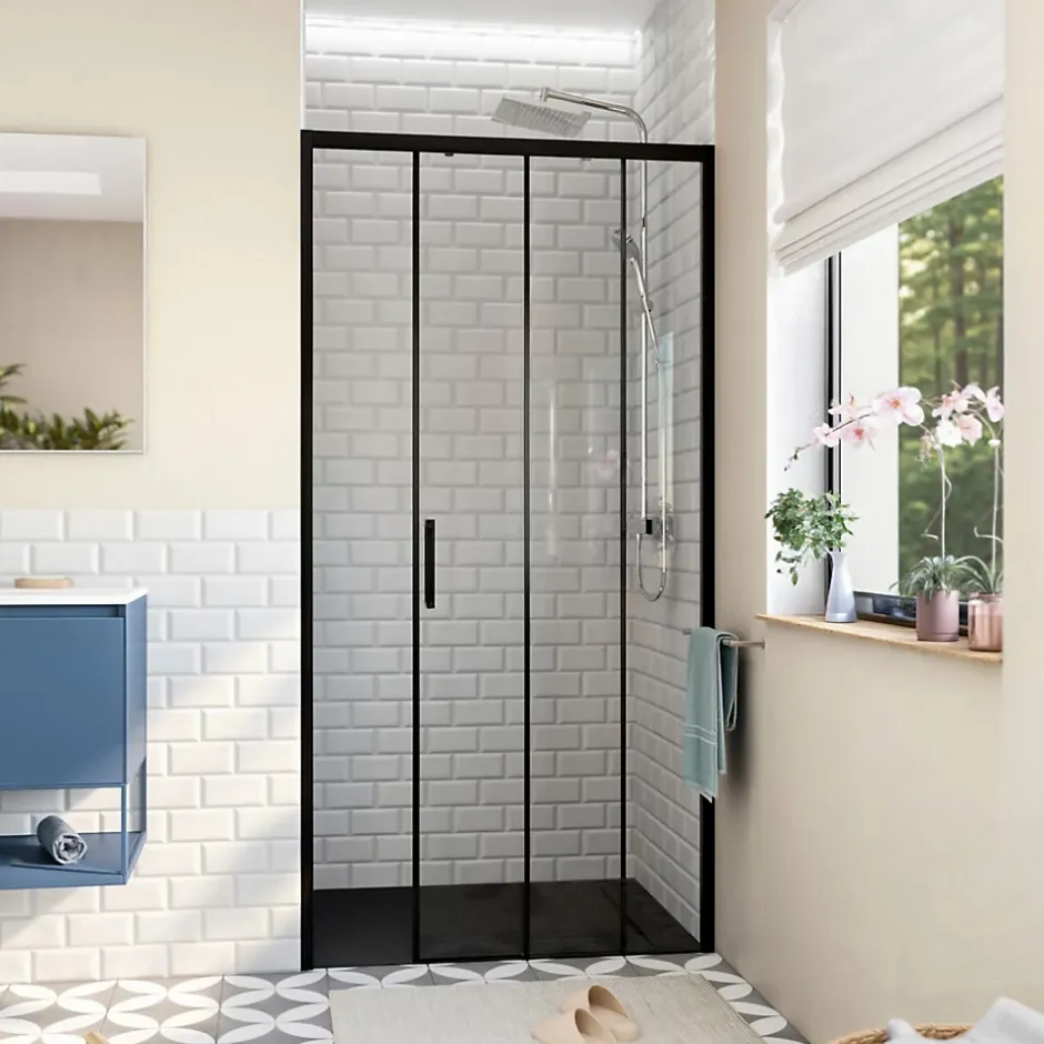 Swiss Aqua Technologies TEX BB Porte de douche 100x195cm coulissante anticalcaire avec profilés noir mat (TEXDBB100CT-SET)