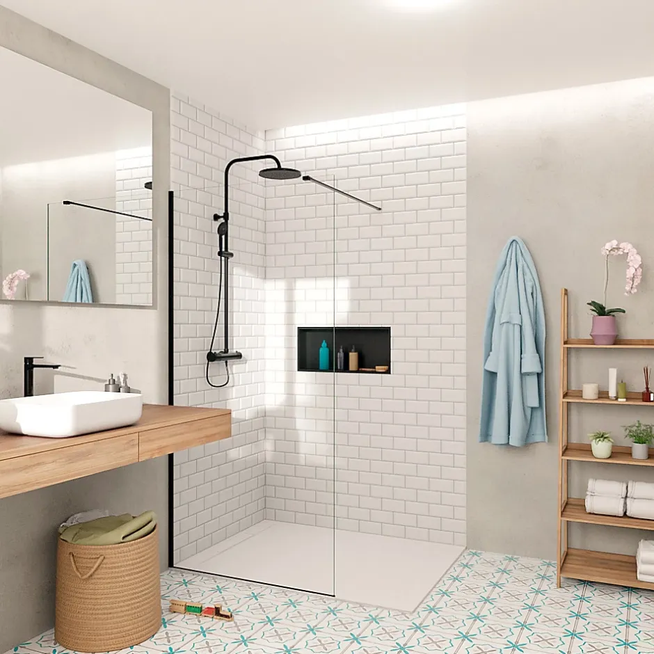 Swiss Aqua Technologies Walk-in 100x200cm paroi Crystal Glass 8mm anticalcaire+bras et profilés noir mat (SATBWI100PRC)* Paroi De Douche
