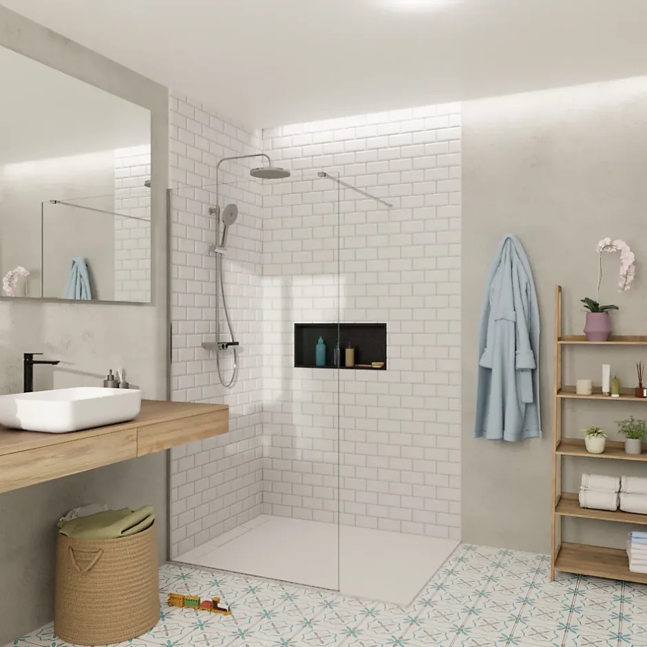 Swiss Aqua Technologies Walk-in 100x200cm paroi en verre Crystal Glass 8 mm anticalcaire, avec bras et profilés chrome brillant* Paroi De Douche