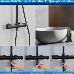 Homelody Système de Douche avec Filtre et Thermostat Noir avec Douchette à Main à 3 Types de Jets et Douche de Tête de 25 cm* Colonne De Douche Thermostatique