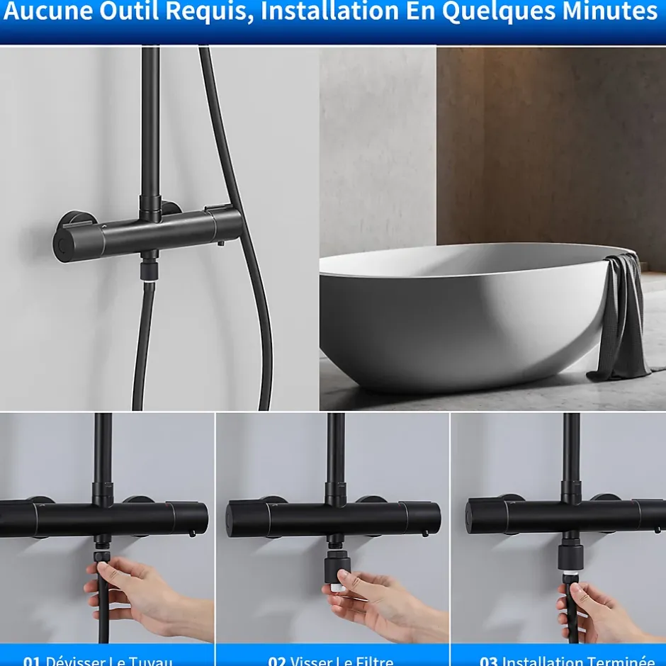 Homelody Système de Douche avec Filtre et Thermostat Noir avec Douchette à Main à 3 Types de Jets et Douche de Tête de 25 cm* Colonne De Douche Thermostatique