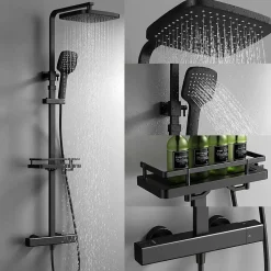 Homelody Système de Douche avec Thermostat et Tablette de Douche Noir - Ensemble Complet de Robinetterie de Douche* Colonne De Douche Thermostatique