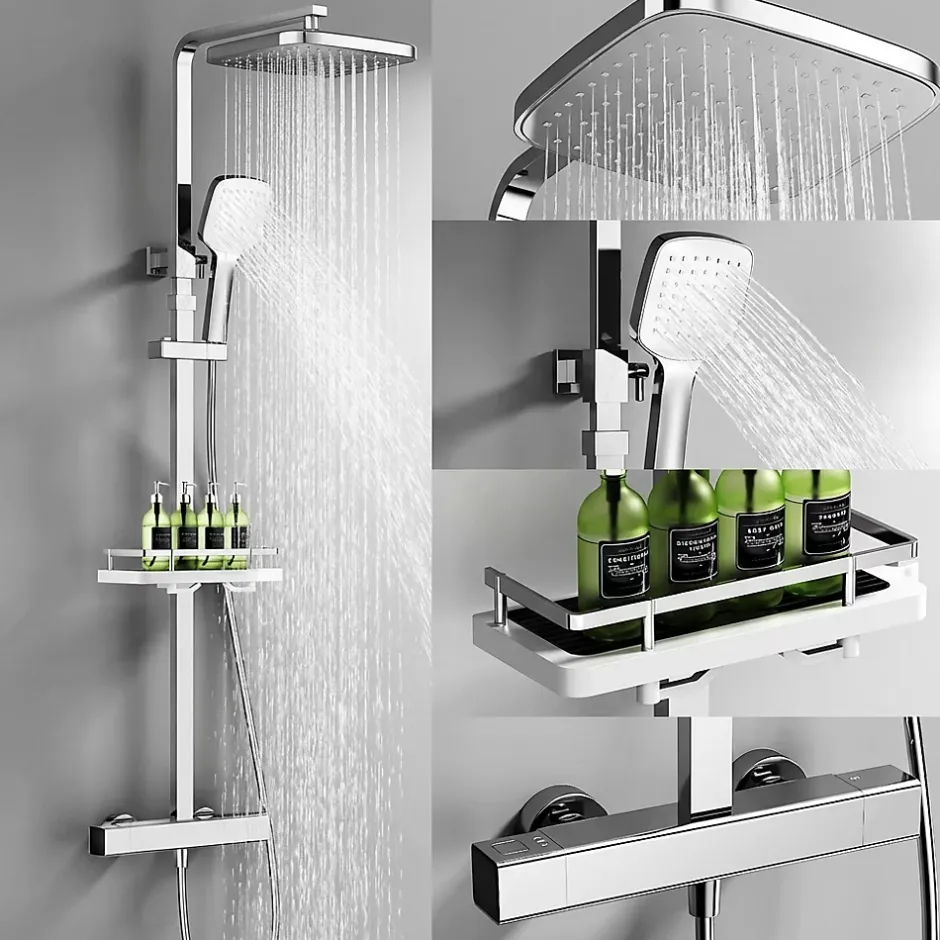 Homelody Système de Douche avec Thermostat et Tablette de Douche Chromée, Ensemble Complet de Robinetterie de Douche* Colonne De Douche Thermostatique