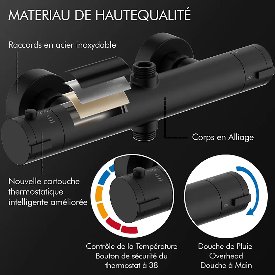 Homelody Système de Douche avec Thermostat et Tablette de Douche Ensemble de Douche Complet Noir avec Pomme de Douche Ronde Effet Pluie