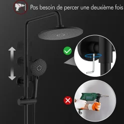 Homelody Système de Douche avec Thermostat et Tablette de Douche Ensemble de Douche Complet Noir avec Pomme de Douche Ronde Effet Pluie