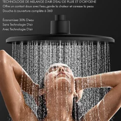 Homelody Système de Douche avec Thermostat et Tablette de Douche Ensemble de Douche Complet Noir avec Pomme de Douche Ronde Effet Pluie
