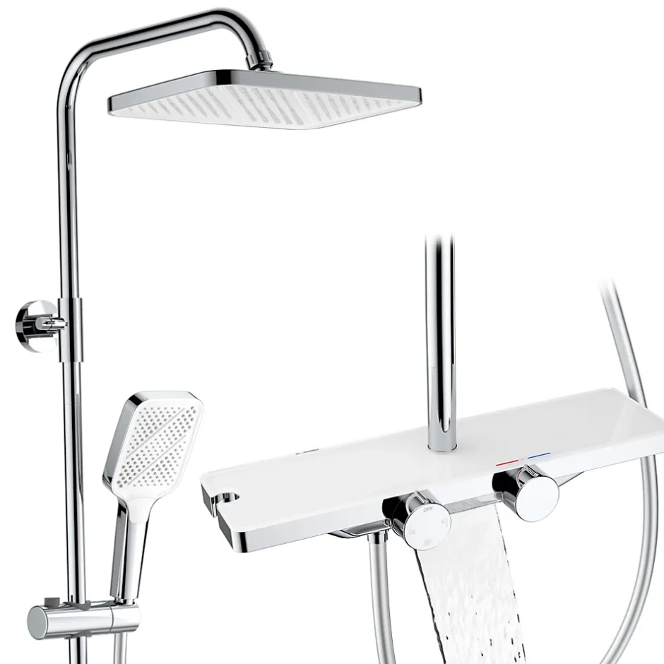 Homelody Système de douche avec thermostat et tablette en verre chromé Ensemble de douche complet avec douchette à main