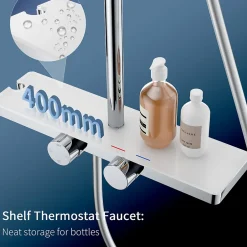 Homelody Système de douche avec thermostat et tablette en verre chromé Ensemble de douche complet avec douchette à main