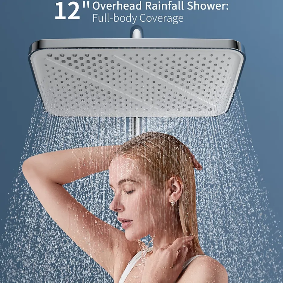 Homelody Système de douche avec thermostat et tablette en verre chromé Ensemble de douche complet avec douchette à main