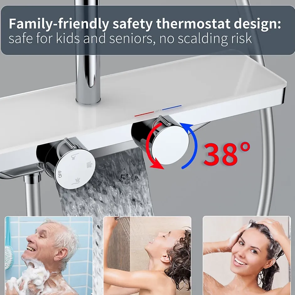 Homelody Système de douche avec thermostat et tablette en verre chromé Ensemble de douche complet avec douchette à main