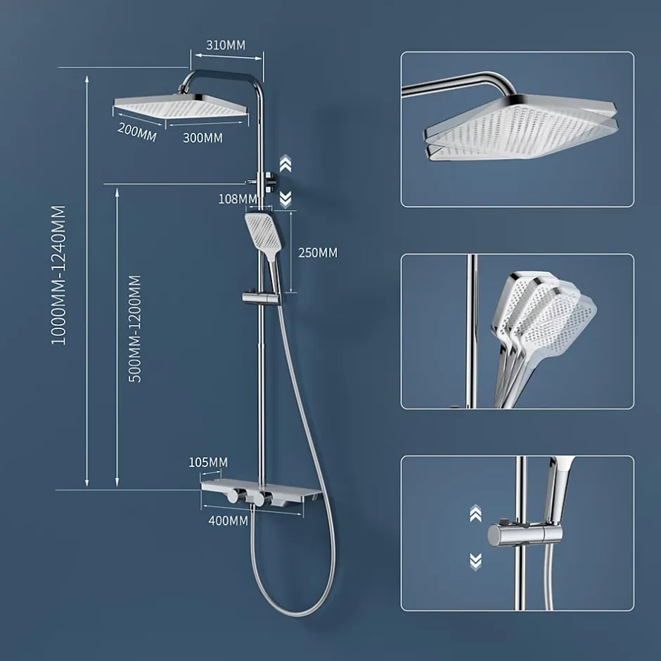 Homelody Système de douche avec thermostat et tablette en verre chromé Ensemble de douche complet avec douchette à main