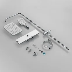 Homelody Système de douche avec thermostat et tablette en verre chromé Ensemble de douche complet avec douchette à main