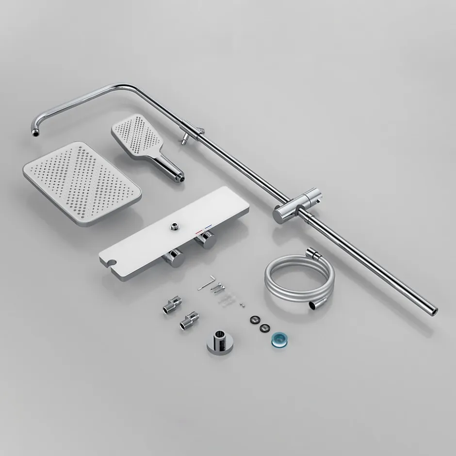 Homelody Système de douche avec thermostat et tablette en verre chromé Ensemble de douche complet avec douchette à main