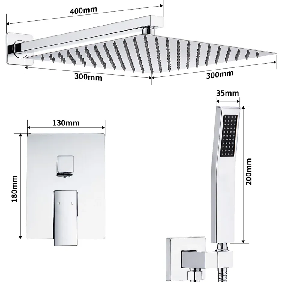 Homelody Système de Douche Encastré avec Mitigeur Mécanique Effet Pluie Ciel de Pluie Carré 300 mm Inox Chromé pour Salle de Bain