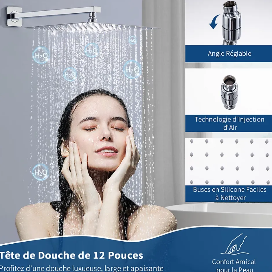 Homelody Système de Douche Encastré avec Mitigeur Mécanique Effet Pluie Ciel de Pluie Carré 300 mm Inox Chromé pour Salle de Bain