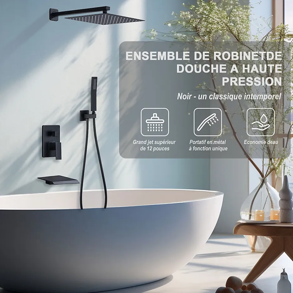 Homelody Système de Douche Encastrable Noir avec Grande Tête de Douche Carrée 12" et sortie de cascade ci-dessous* Colonne De Douche Encastrable