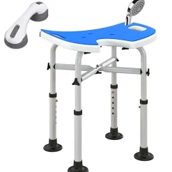 Homcom Tabouret de douche - siège de douche avec barre d'appui ventouse - hauteur réglable - alu HDPE bleu blanc* Siège De Douche