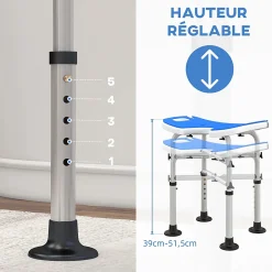 Homcom Tabouret de douche - siège de douche avec barre d'appui ventouse - hauteur réglable - alu HDPE bleu blanc* Siège De Douche