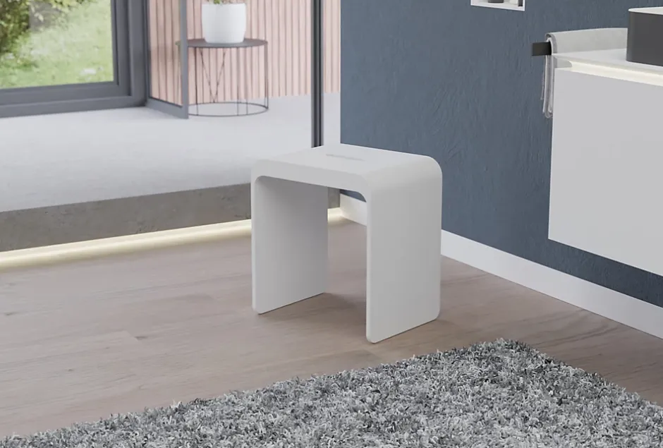 Bernstein Tabouret de Douche antidérapant, Chaise Salle de Bain Fonte minérale - Blanc Mat - 43x30x43cm - Max 120kg, Waterproof - PB4006
