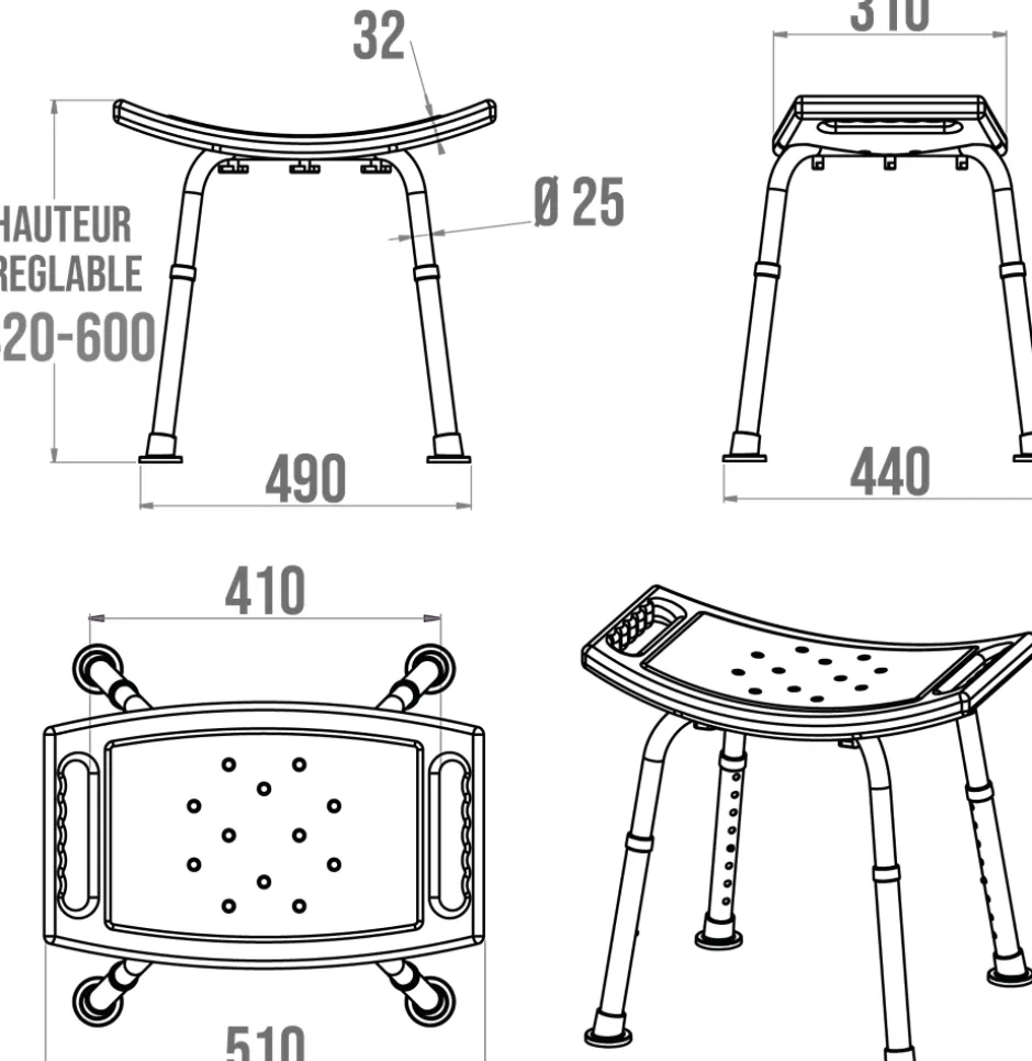 Godonnier Tabouret de douche avec poignées, hauteur réglable, blanc,* Siège De Douche