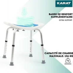Floordirekt Tabouret de douche et de bain Noah Réglable en hauteur Facile à  nettoyer Pieds en caoutchouc antidérapant jusqu'à  136 kg* Siège De Douche