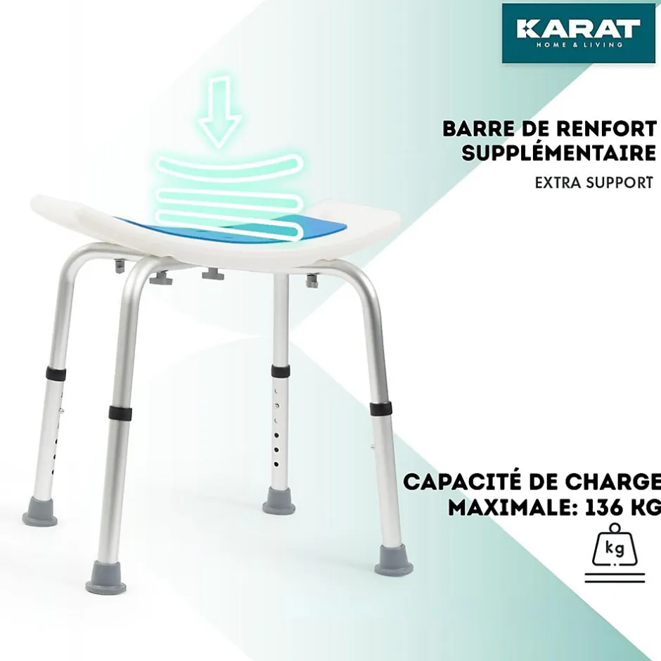 Floordirekt Tabouret de douche et de bain Noah Réglable en hauteur Facile à nettoyer Pieds en caoutchouc antidérapant jusqu'à 136 kg* Siège De Douche