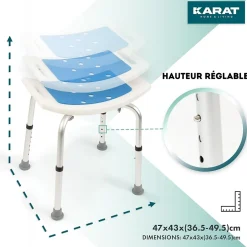Floordirekt Tabouret de douche et de bain Noah Réglable en hauteur Facile à nettoyer Pieds en caoutchouc antidérapant jusqu'à 136 kg* Siège De Douche