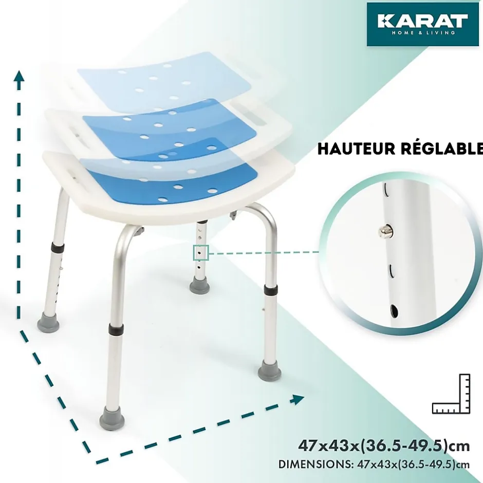 Floordirekt Tabouret de douche et de bain Noah Réglable en hauteur Facile à nettoyer Pieds en caoutchouc antidérapant jusqu'à 136 kg* Siège De Douche