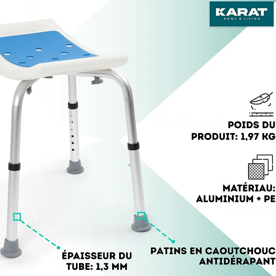 Floordirekt Tabouret de douche et de bain Noah Réglable en hauteur Facile à nettoyer Pieds en caoutchouc antidérapant jusqu'à 136 kg* Siège De Douche
