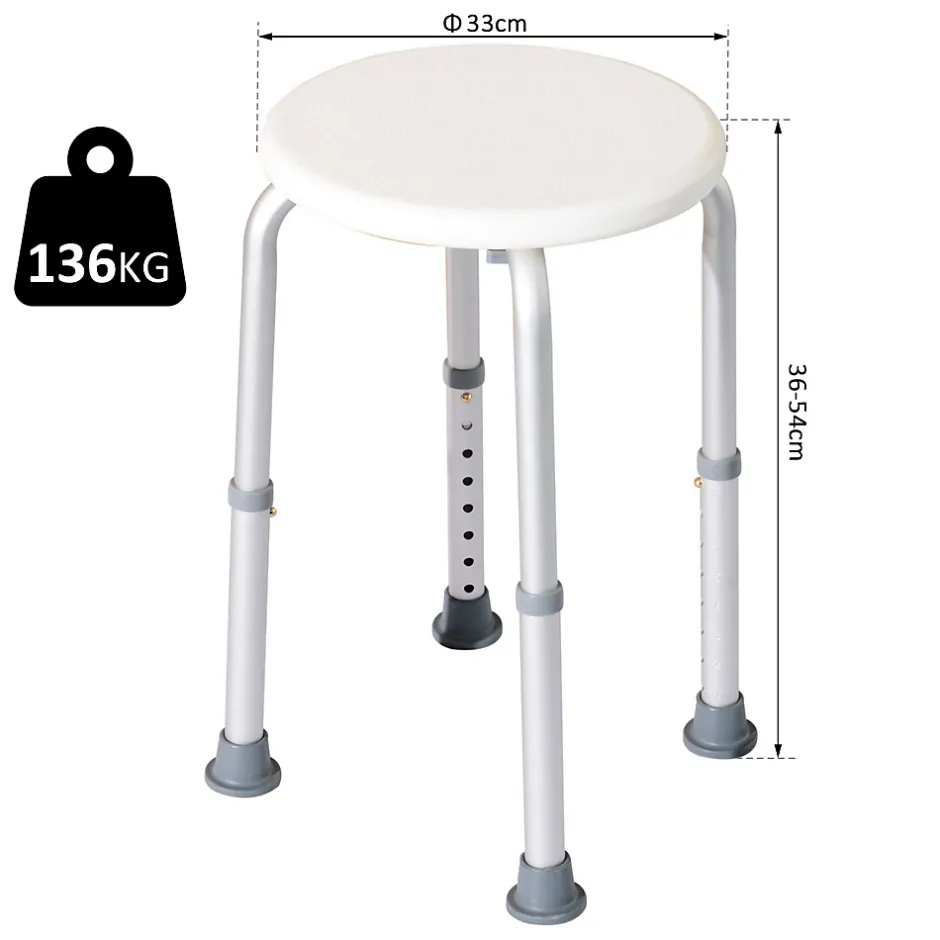 Homcom Tabouret de douche réglable en hauteur siège de douche ergonomique pieds antidérapants charge max. 136 Kg alu HDPE blanc