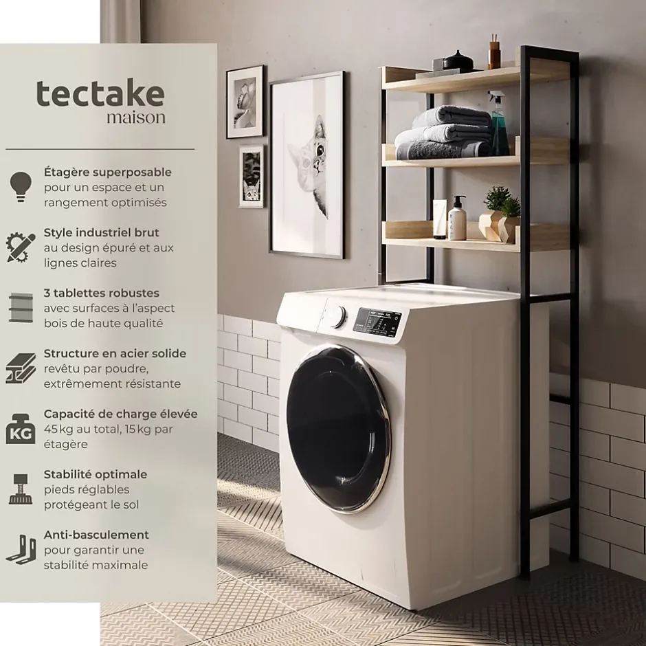 Tectake Étagère de salle de bain avec 3 étagères Style industriel Bois clair