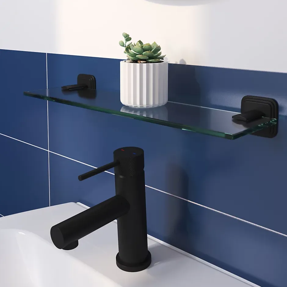 GoodHome Étagère de salle de bain en verre et acier inoxydable noir H.40 cm Teesta* Etagère Salle De Bains