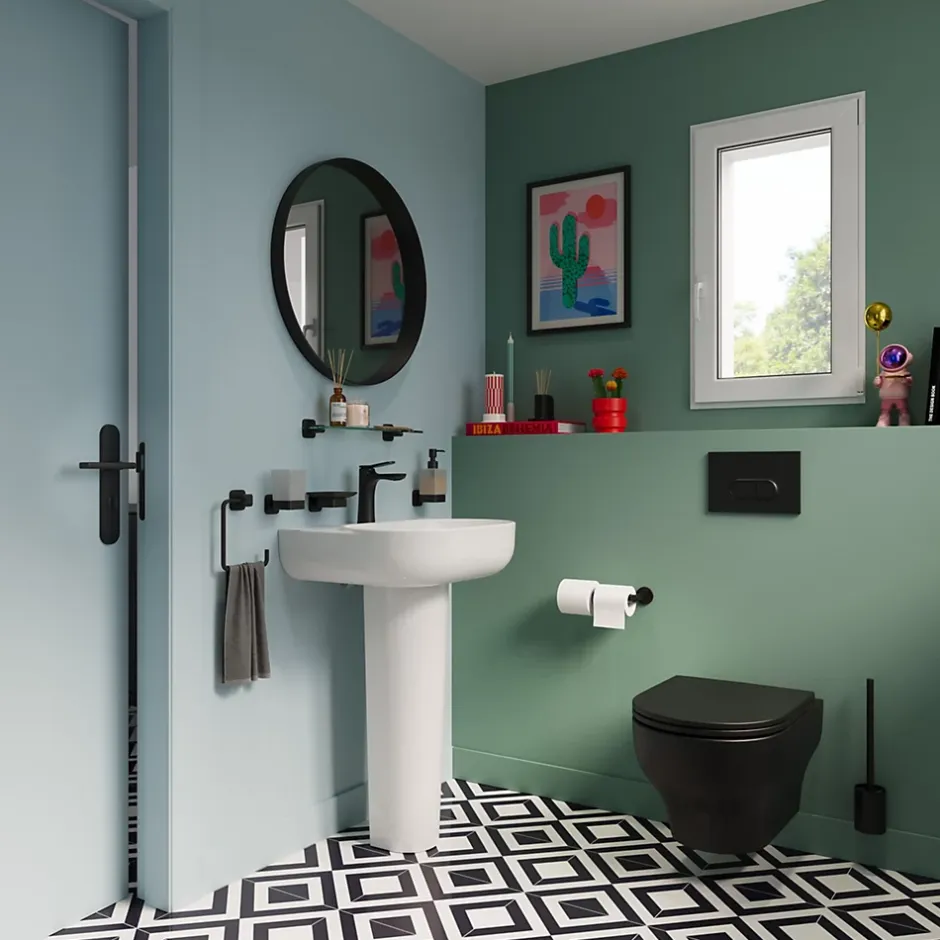 GoodHome Étagère de salle de bain en verre et acier inoxydable noir H.40 cm Teesta* Etagère Salle De Bains