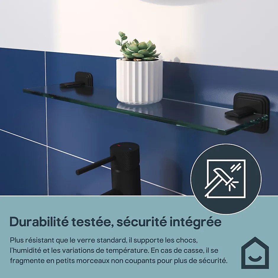 GoodHome Étagère de salle de bain en verre et acier inoxydable noir H.40 cm Teesta* Etagère Salle De Bains