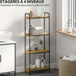 Homcom Étagère salle de bain bambou verni 4 niveaux autoportante cadre acier noir* Etagère Salle De Bains