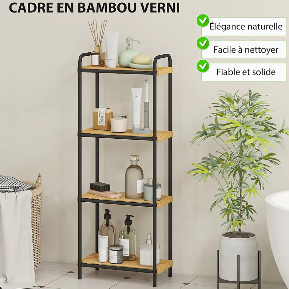 Homcom Étagère salle de bain bambou verni 4 niveaux autoportante cadre acier noir* Etagère Salle De Bains