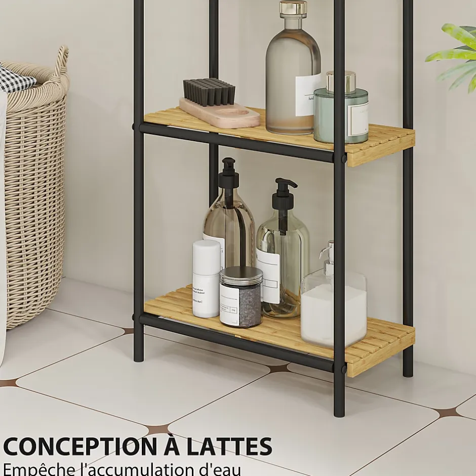 Homcom Étagère salle de bain bambou verni 4 niveaux autoportante cadre acier noir* Etagère Salle De Bains
