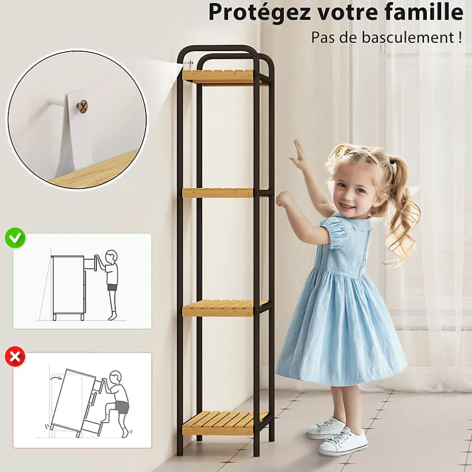 Homcom Étagère salle de bain bambou verni 4 niveaux autoportante cadre acier noir* Etagère Salle De Bains