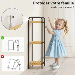 Homcom Étagère salle de bain bambou verni 3 niveaux autoportante cadre acier noir* Etagère Salle De Bains