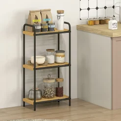 Homcom Étagère salle de bain bambou verni 3 niveaux autoportante cadre acier noir* Etagère Salle De Bains