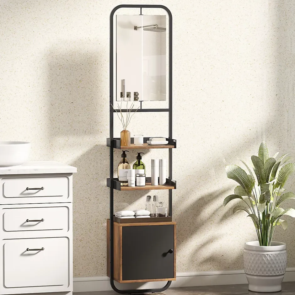 Homcom Étagère salle de bain design vintage avec miroir - porte, 2 étagères - 40 x 30 x 179 cm - métal noir effet bois