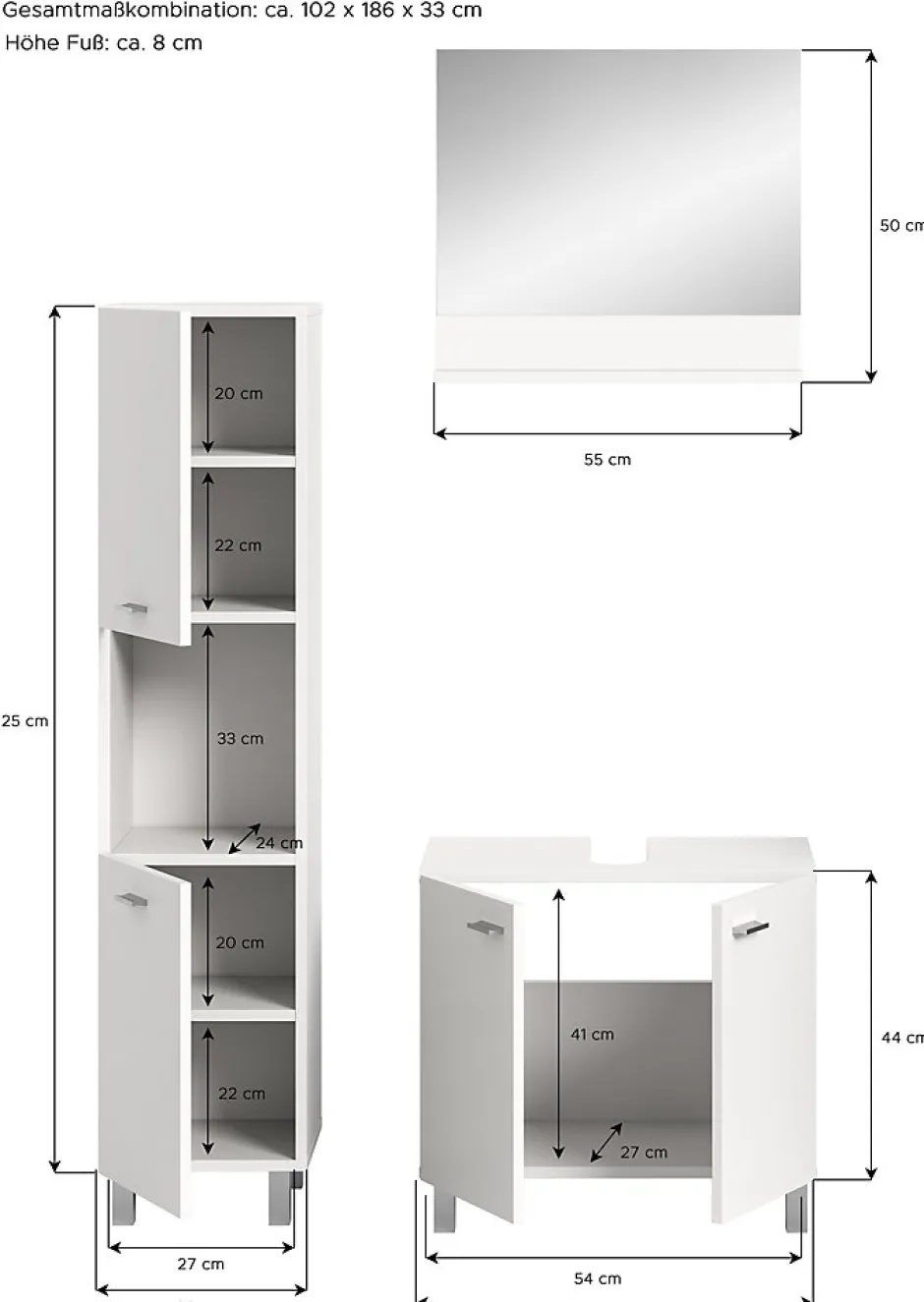 Chb Collection Tambo - Ensemble de 3 meubles de salle de bains (L/H/P : 102x186x33 cm) en mélaminé blanc, vasque non incluse