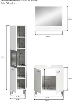 Chb Collection Tambo - Ensemble de 3 meubles de salle de bains (L/H/P : 102x186x33 cm) en mélaminé blanc, vasque non incluse* Meuble Sous Lavabo