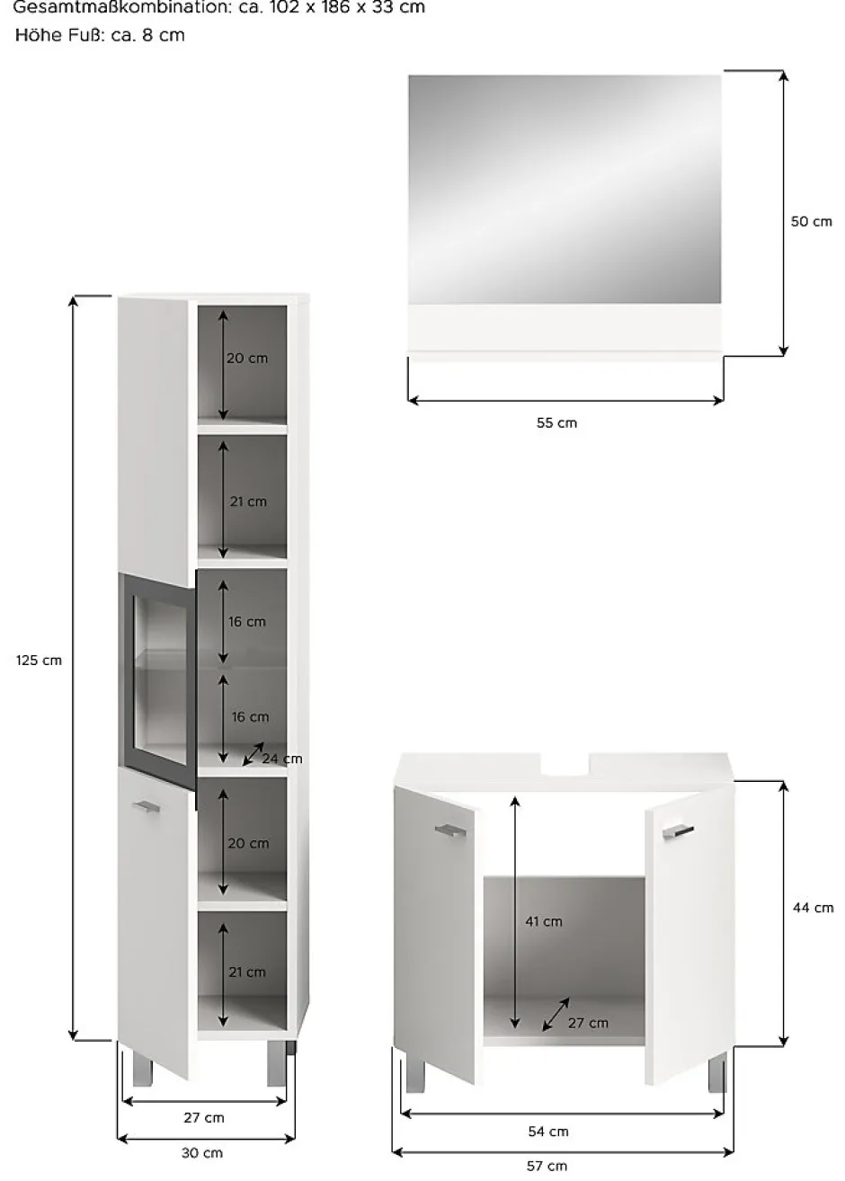 Chb Collection Tambo - Ensemble de 3 meubles de salle de bains (L/H/P : 102x186x33 cm) en mélaminé blanc, vasque non incluse* Meuble Sous Lavabo