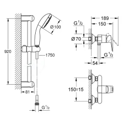 Grohe Tempesta 100 ensemble de douche complet 3 jets + mitigeur monocommande douche, clapet anti-retour, chrome (23354000-28789002)* Colonne De Douche Thermostatique