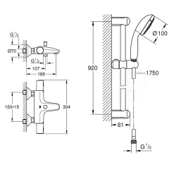 Grohe Tempesta 100 ensemble de douche complet 3 jets + mitigeur thermostatique bain/douche 1/2", chrome (34598000-28789002)
