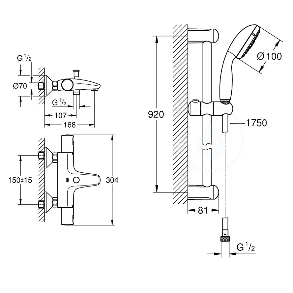 Grohe Tempesta 100 ensemble de douche complet 3 jets + mitigeur thermostatique bain/douche 1/2", chrome (34598000-28789002)