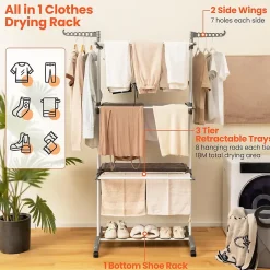 Giantex étendoir à Linge 4 Niveaux Support Pliable avec 3 Plateaux Rétractables 1 étagère à Chaussures Inférieure