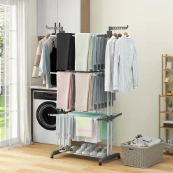 Giantex étendoir à Linge 4 Niveaux Support Pliable avec 3 Plateaux Rétractables 1 étagère à Chaussures Inférieure