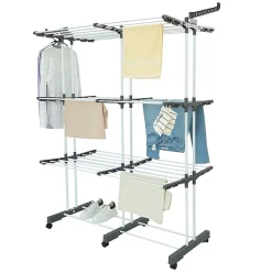 Kitchen Move Étendoir à linge multifonction grande capacité 38 m d'étendage 6 pieds sur roulettes, 2 portes-cintres, gris et acier blanc, Extra Plus* Etendoir À Linge
